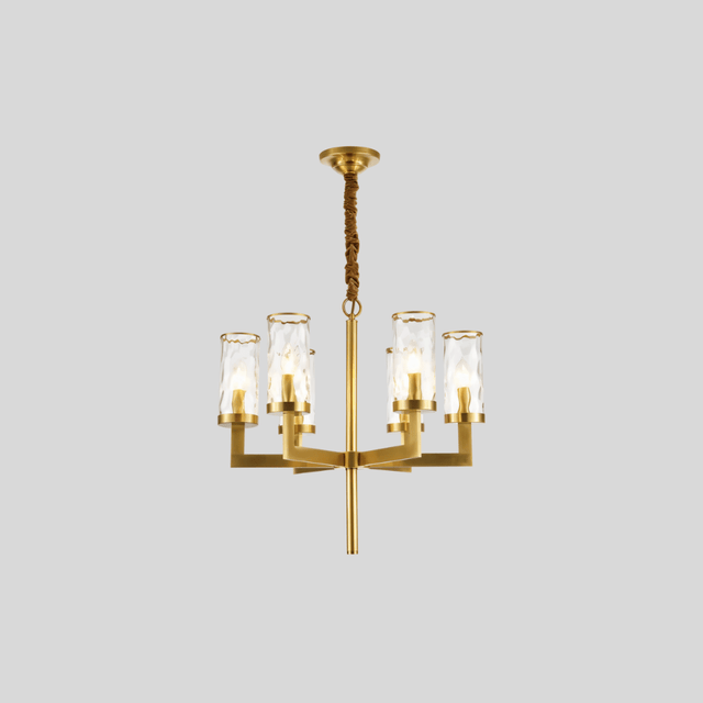Wynlo Chandelier – minimalist 6-light copper chandelier with clear glass shades, perfect for modern indoor lighting.