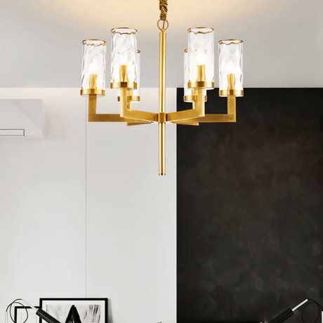 Wynlo Chandelier – sculptural copper light fixture with six glass shades, ideal for modern dining or living room interiors.