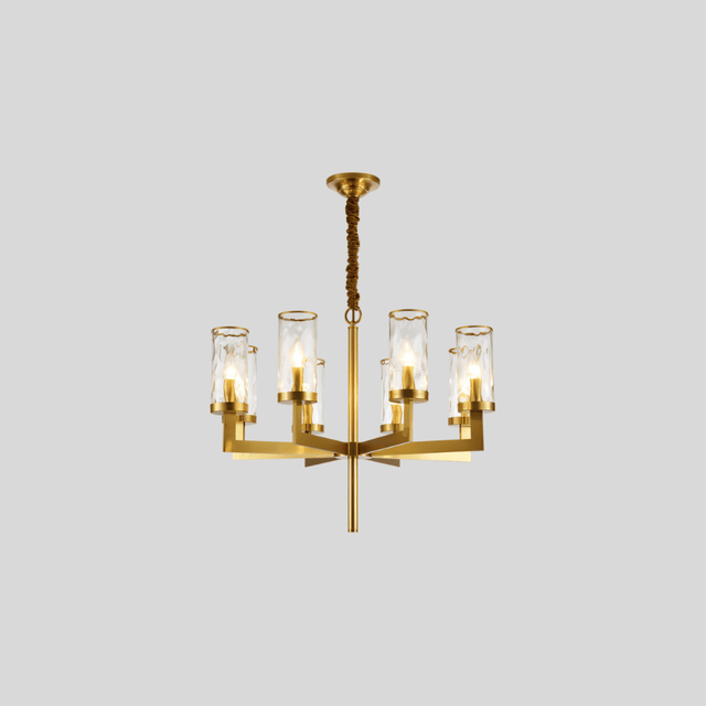 Wynlo Chandelier – 8-light copper light fixture with sculptural arms and glass shades, great for ambient indoor lighting.