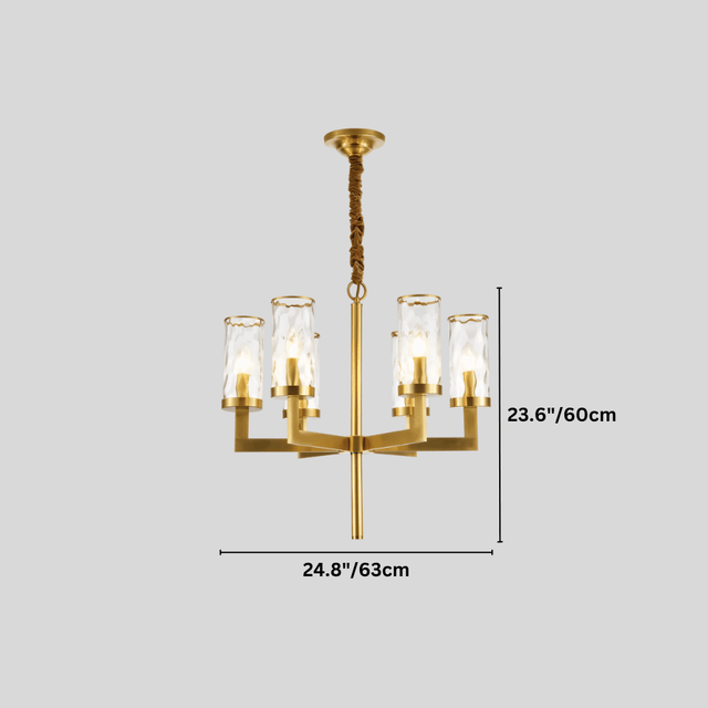 Wynlo Chandelier – 6-light copper fixture with glass shades, 63cm wide and 60cm high, ideal for compact modern interiors.