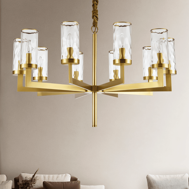 Wynlo Chandelier – modern copper chandelier featuring eight sculptural arms and clear glass shades for elegant indoor lighting.
