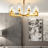 Wynlo Chandelier – bold copper chandelier with eight glass shades, perfect for ambient lighting in contemporary living spaces.