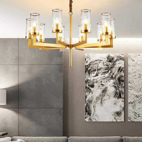 Wynlo Chandelier – bold copper chandelier with eight glass shades, perfect for ambient lighting in contemporary living spaces.