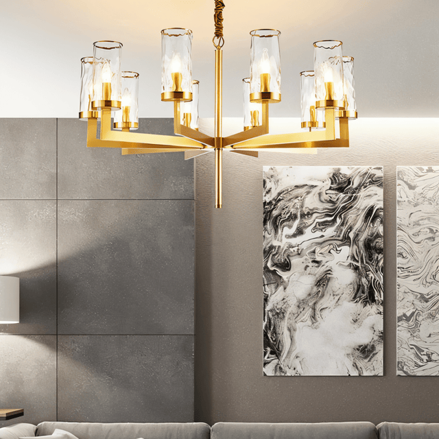Wynlo Chandelier – bold copper chandelier with eight glass shades, perfect for ambient lighting in contemporary living spaces.
