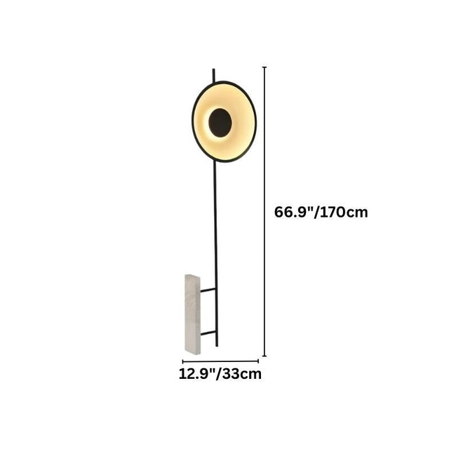 "A diagram showing the dimensions of a halo floor lamp, including height and base width in inches and centimeters."