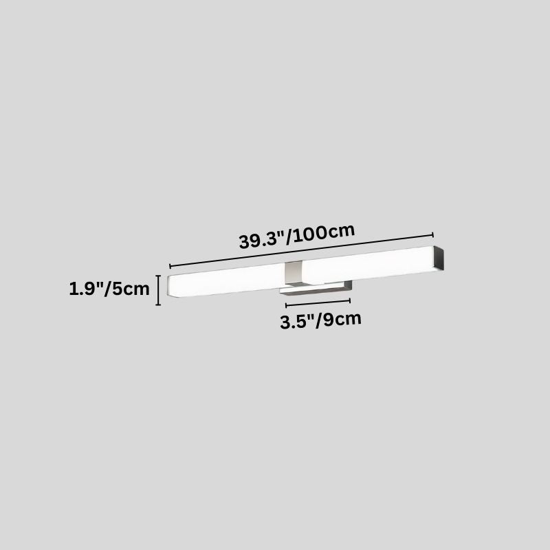 "A silver wall lamp with a linear LED bar, 100cm in length, showing detailed dimensions in inches and centimeters on a grey background."