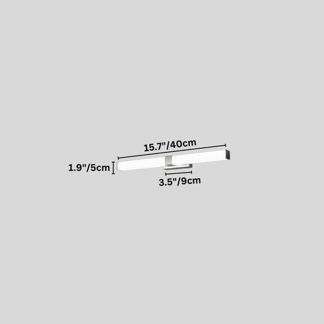 "A silver wall lamp with a linear LED bar, 40cm in length, showing detailed dimensions in inches and centimeters on a grey background."