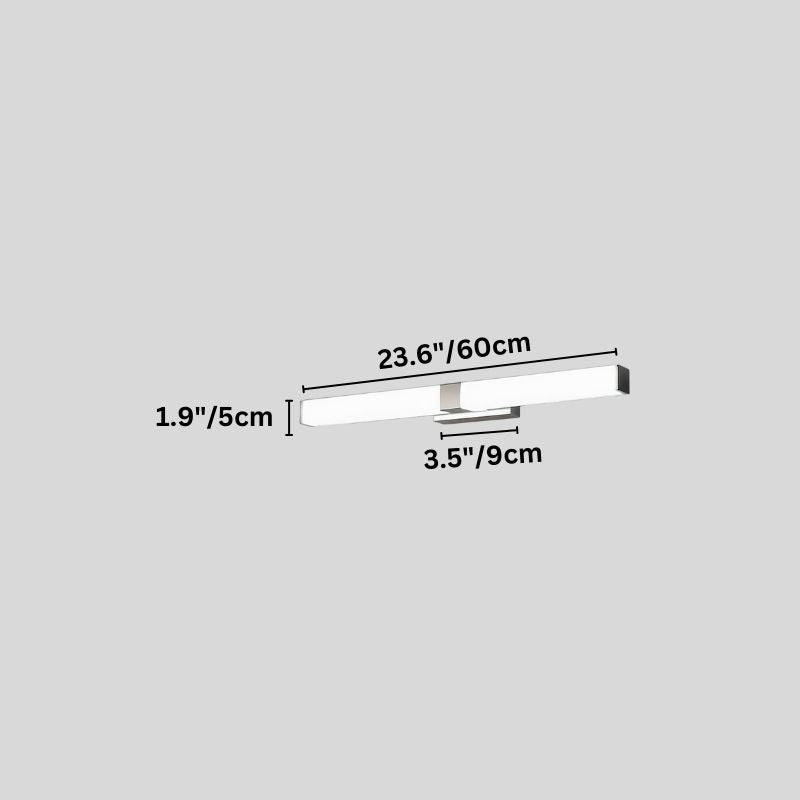 "A silver wall lamp with a linear LED bar, 60cm in length, showing detailed dimensions in inches and centimeters on a grey background."