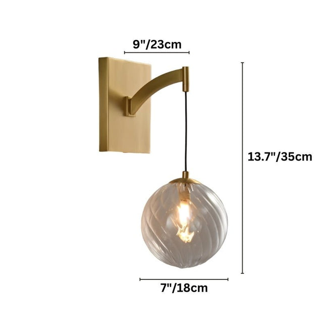 "Dimensions of a modern brass wall lamp with a spherical, clear glass shade and subtle ridges: 9 inches in width, 13.7 inches in height, and 7 inches in depth."