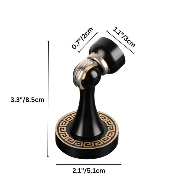 "Dimensions of an elegant, sculpted brass door stop with a black and gold finish, tapered design, magnetic hold, and decorative base, designed to prevent wall damage in modern and classic interiors."