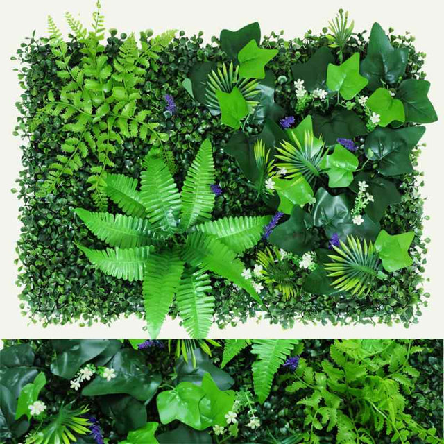 Yasna Greenery Panel with tropical leaves and ferns, designed for customizable, low-maintenance indoor green wall installations.