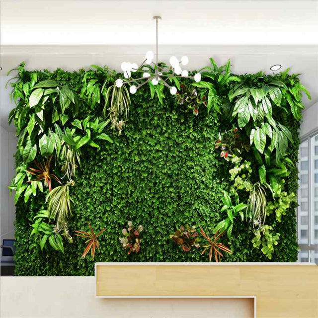 Yasna Greenery Panel installed in a modern interior, featuring dense, realistic plants for a customizable indoor green wall experience.