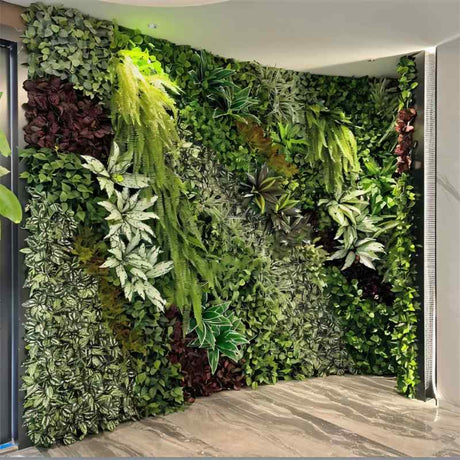Curved Yasna Greenery Panel with UV-resistant foliage like ferns and ivy, enhancing indoor decor with a vibrant, maintenance-free green wall.