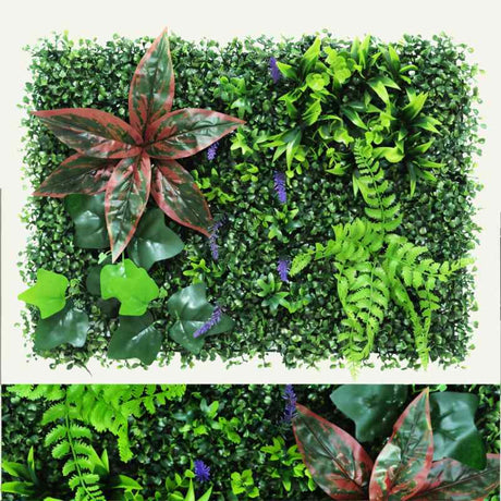Yasna Greenery Panel featuring red-veined foliage and dense greenery, ideal for creating vibrant, lifelike indoor vertical gardens.