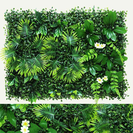 Yasna Greenery Panel with palm-like leaves and white flowers, creating a lifelike, UV-resistant indoor green wall aesthetic.