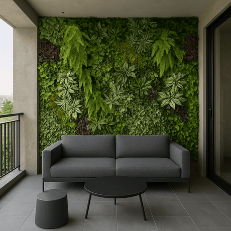 Yasna Greenery Panel on balcony wall with lifelike ferns and ivy, creating a lush, low-maintenance indoor nature backdrop behind a gray sofa.