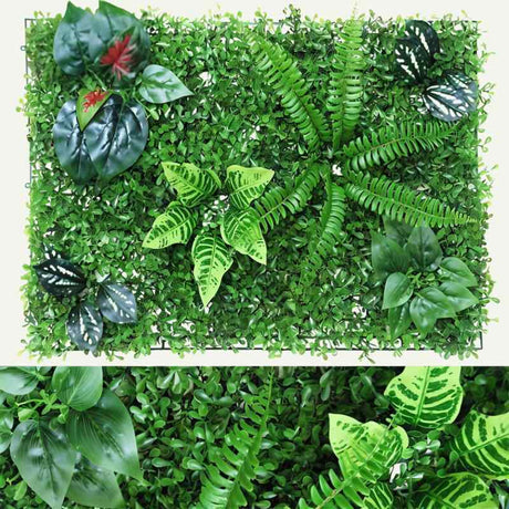 Yasna Greenery Panel with UV-resistant ferns and variegated leaves, offering a realistic, low-maintenance indoor greenery solution.