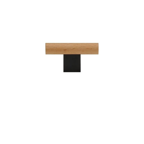 "A minimalist wood and black knob, combining natural finishes with modern design, isolated on a white background."