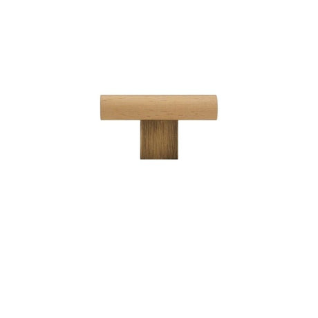 "Front view of a minimalist wood and brass knob, combining natural finishes with modern design, isolated on a white background."
