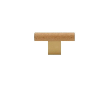 "A minimalist wood and brass knob, combining natural finishes with modern design, isolated on a white background."