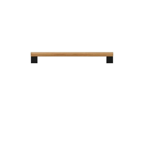 "A minimalist wood and black pull bar, combining natural finishes with modern design, isolated on a white background."