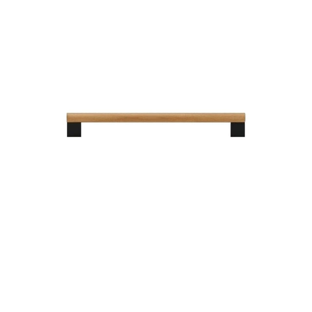 "A minimalist wood and black pull bar, combining natural finishes with modern design, isolated on a white background."