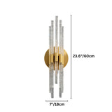 "Dimensions, 23.6 inches tall and 7 inches wide, of a modern brass wall lamp with textured glass rods."