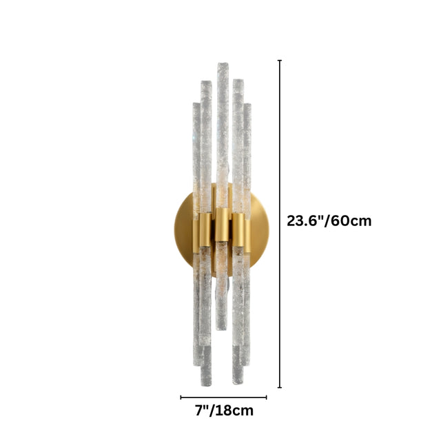 "Dimensions, 23.6 inches tall and 7 inches wide, of a modern brass wall lamp with textured glass rods."