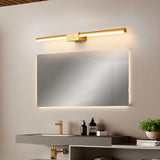  "Modern gold Zanal wall lamp, crafted from aluminum, iron, and silica gel, providing soft, linear illumination for a contemporary bathroom vanity."