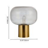 "table lamp with rounded glass shade and aluminum base showing dimensions 15 inches height and 11.8 inches width"