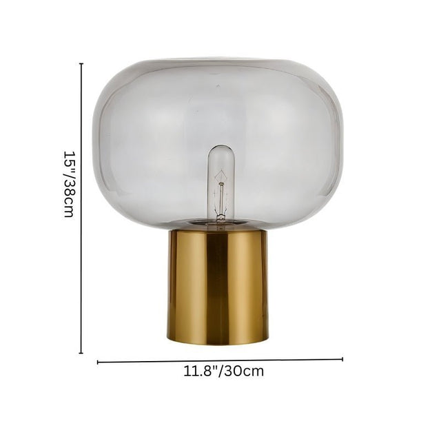 "table lamp with rounded glass shade and aluminum base showing dimensions 15 inches height and 11.8 inches width"