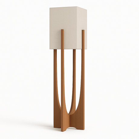 Zenic Lamp - Stylish Fabric and Wood Lighting Fixture with tall rectangular shade and curved wooden base, ideal for modern interiors.
