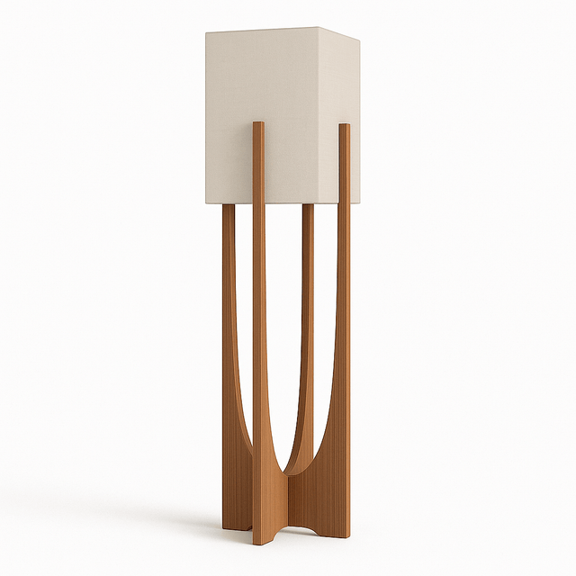 Zenic Lamp - Stylish Fabric and Wood Lighting Fixture with tall rectangular shade and curved wooden base, ideal for modern interiors.