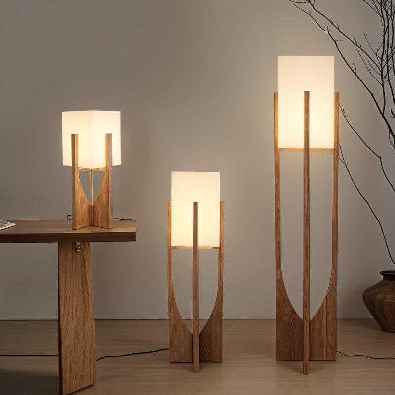 Zenic Lamp - Stylish Fabric and Wood Lighting Fixture in three sizes, displayed on table and floor, ideal for living room or hallway lighting.