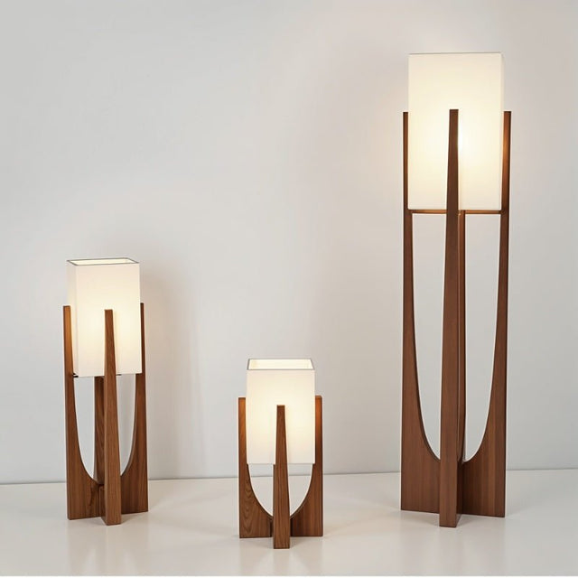 Zenic Lamp - Stylish Fabric and Wood Lighting Fixture trio with warm light, perfect for ambient lighting in indoor spaces.