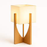 Zenic Lamp - Stylish Fabric and Wood Lighting Fixture table model lit up, offering soft ambient lighting for desks or nightstands.