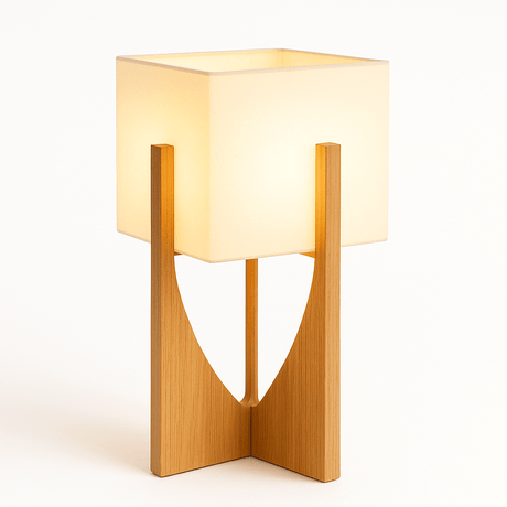 Zenic Lamp - Stylish Fabric and Wood Lighting Fixture table model lit up, offering soft ambient lighting for desks or nightstands.
