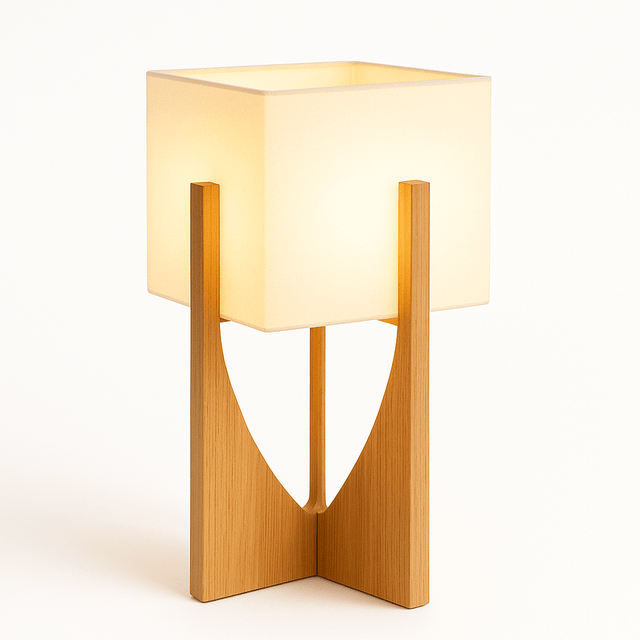 Zenic Lamp - Stylish Fabric and Wood Lighting Fixture table model lit up, offering soft ambient lighting for desks or nightstands.