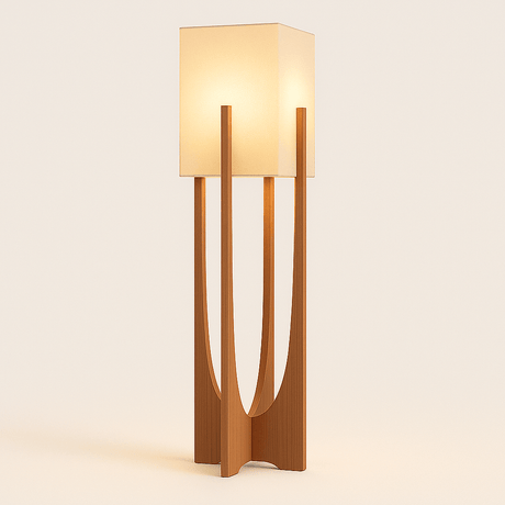 Zenic Lamp - Stylish Fabric and Wood Lighting Fixture illuminated to show warm ambient glow, perfect for cozy living spaces.