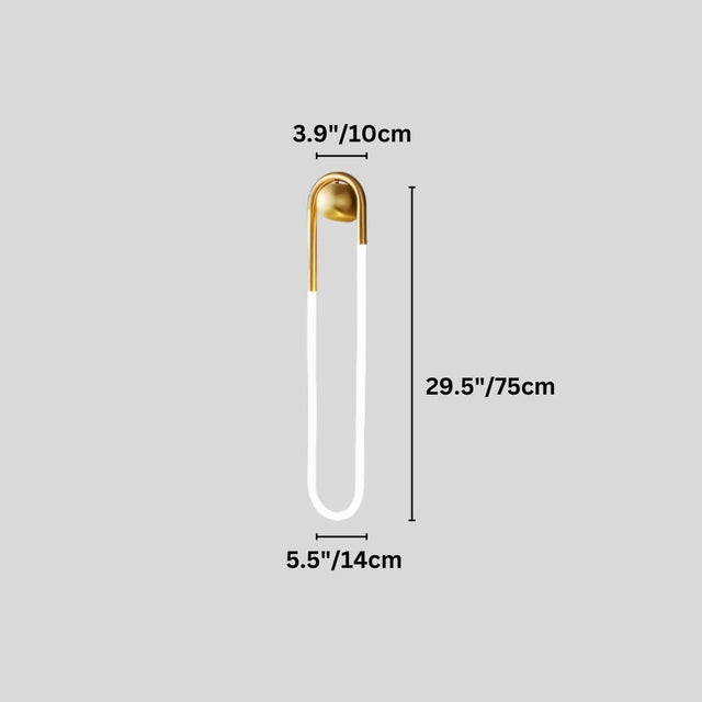 "Dimensions, 29.5 inches tall, 5.5 inches wide, and 3.9 inches deep, of a modern, minimalist U-shaped wall lamp with a brass finish."