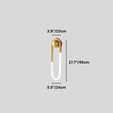 "Dimensions, 17.7 inches tall, 5.5 inches wide, and 3.9 inches deep, of a modern, minimalist U-shaped wall lamp with a brass finish."