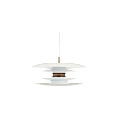 "A modern pendant light with layered discs in white and gold, suspended by a thin cord against a white background."