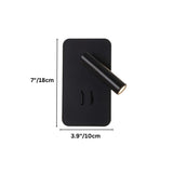 "Dimensions of a modern black rectangular wall-mounted reading lamp with an adjustable cylindrical spotlight, 7 inches in height and 3.9 inches in width."