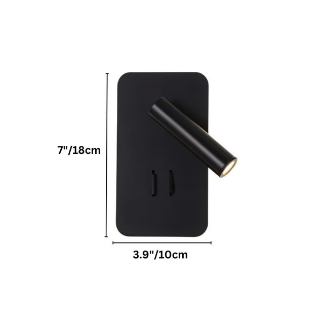 "Dimensions of a modern black rectangular wall-mounted reading lamp with an adjustable cylindrical spotlight, 7 inches in height and 3.9 inches in width."