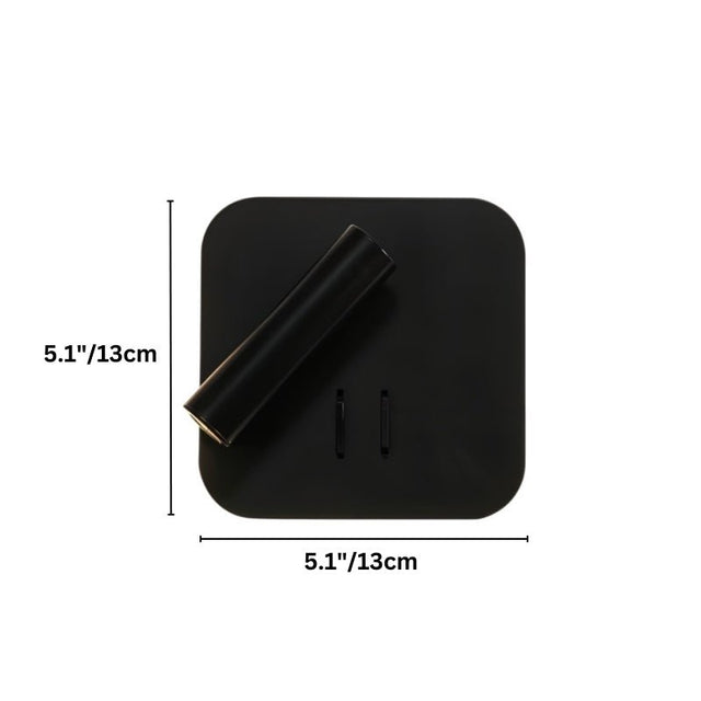 "Dimensions of a modern black square wall-mounted reading lamp with an adjustable cylindrical spotlight, 5.1 inches in width and height."