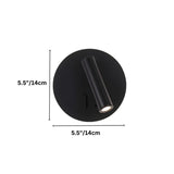 "Dimensions of a modern black wall-mounted reading lamp with a circular backplate and adjustable cylindrical spotlight, 5.5 inches in diameter."
