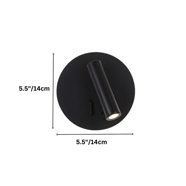 "Dimensions of a modern black wall-mounted reading lamp with a circular backplate and adjustable cylindrical spotlight, 5.5 inches in diameter."