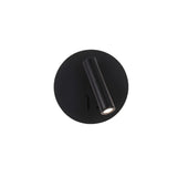 "A modern black wall-mounted reading lamp with a circular backplate and adjustable cylindrical spotlight, showcasing its minimalist design, isolated on a white background."