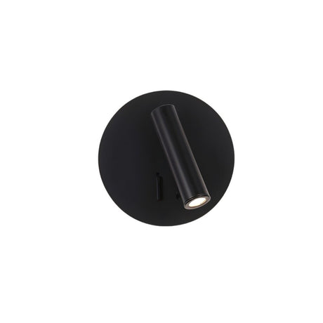 "A modern black wall-mounted reading lamp with a circular backplate and adjustable cylindrical spotlight, showcasing its minimalist design, isolated on a white background."