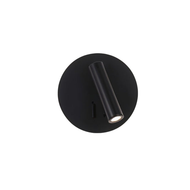 "A modern black wall-mounted reading lamp with a circular backplate and adjustable cylindrical spotlight, showcasing its minimalist design, isolated on a white background."